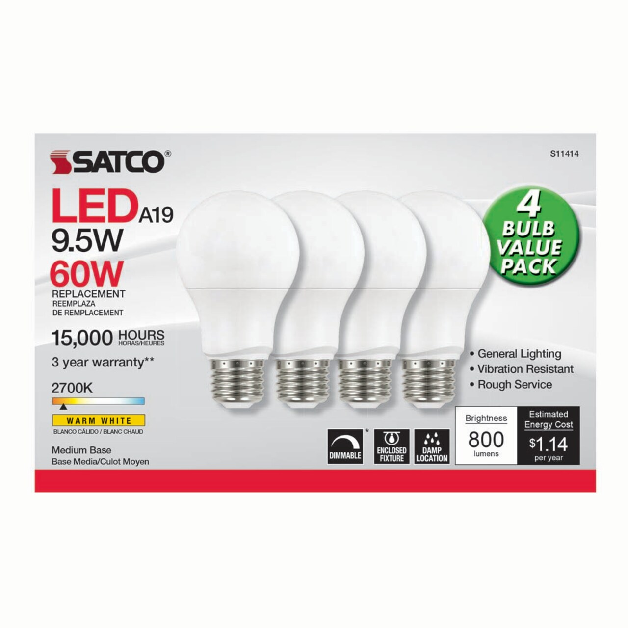 4Pk - Satco 9.5w 120v A19 LED Bulb E26 Medium Base 2700k Warm White - 60w-equiv